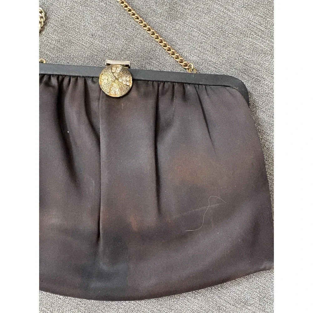 Vintage Andé Black‎ Satin Evening Clutch With Gold-Tone Chain Strap & Clasp